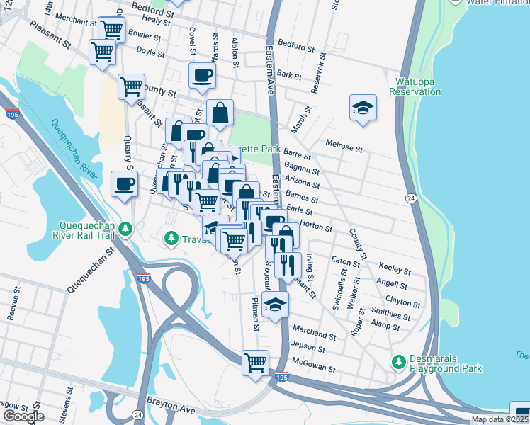 map of restaurants, bars, coffee shops, grocery stores, and more near 81 Bedard Street in Fall River