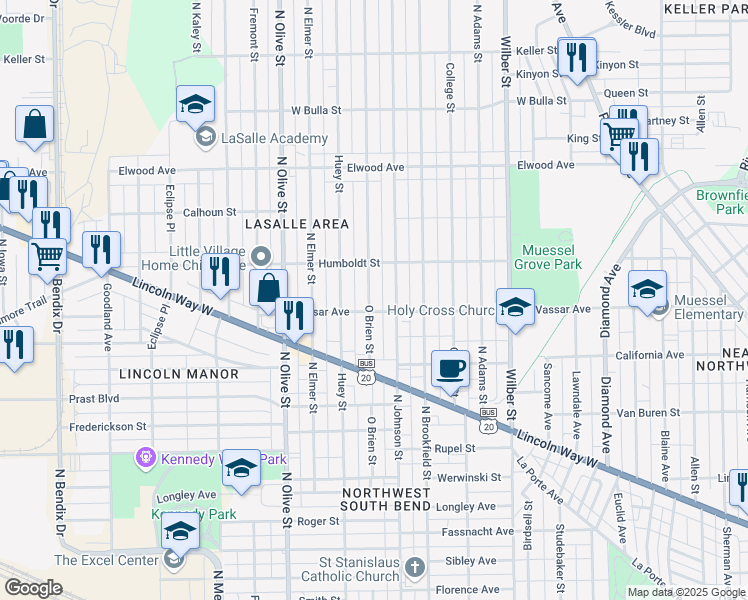 map of restaurants, bars, coffee shops, grocery stores, and more near 1110 O Brien Street in South Bend
