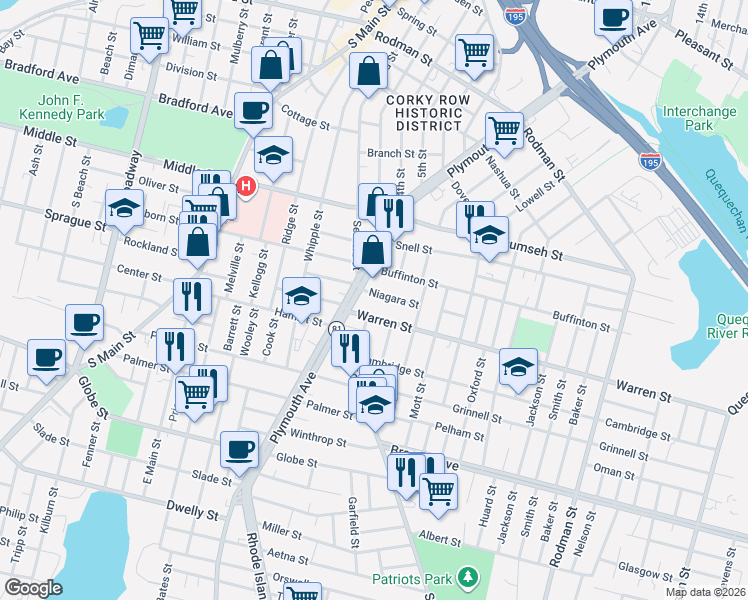 map of restaurants, bars, coffee shops, grocery stores, and more near 31 Niagara Street in Fall River