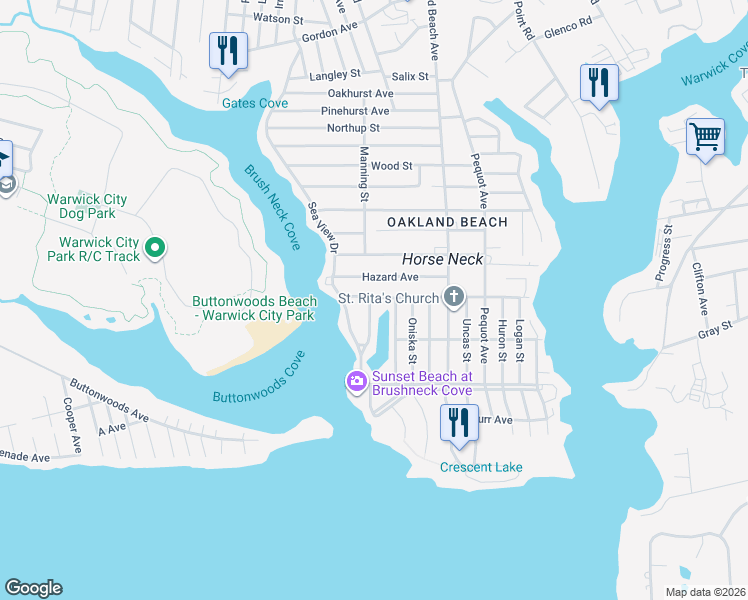 map of restaurants, bars, coffee shops, grocery stores, and more near 2 Forrest Street in Warwick