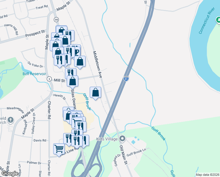map of restaurants, bars, coffee shops, grocery stores, and more near 15 Casey Lane in Wethersfield