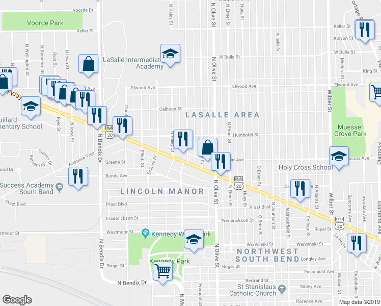 map of restaurants, bars, coffee shops, grocery stores, and more near 1120 North Meade Street in South Bend