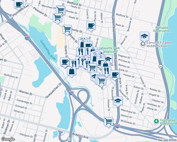 map of restaurants, bars, coffee shops, grocery stores, and more near 354 Jencks Street in Fall River