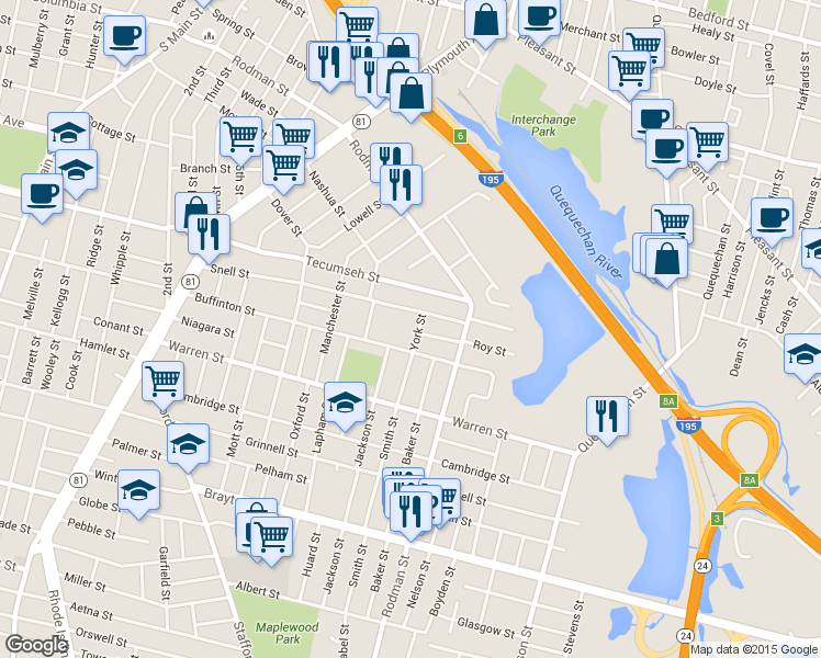 map of restaurants, bars, coffee shops, grocery stores, and more near 49 York Street in Fall River