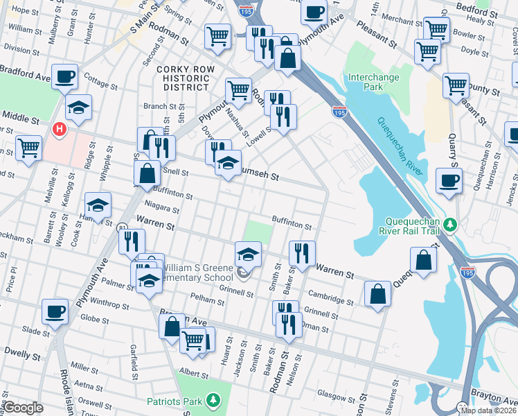map of restaurants, bars, coffee shops, grocery stores, and more near 414 Buffinton Street in Fall River