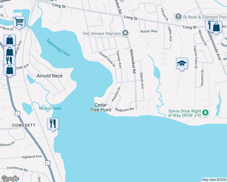 map of restaurants, bars, coffee shops, grocery stores, and more near 245 Grand View Drive in Warwick