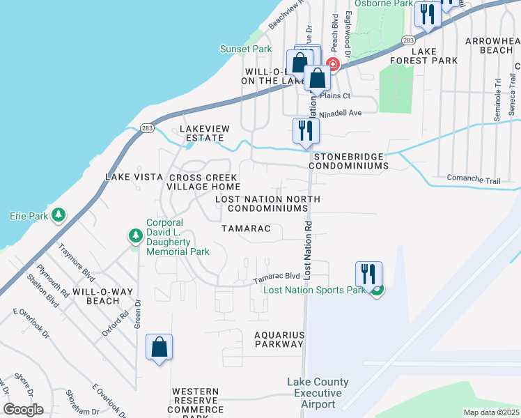 map of restaurants, bars, coffee shops, grocery stores, and more near 38380 North Lane in Willoughby
