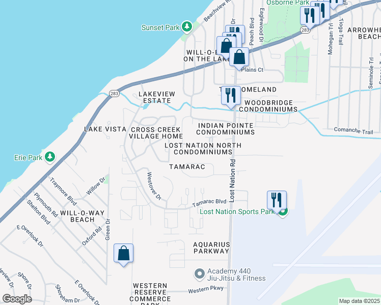 map of restaurants, bars, coffee shops, grocery stores, and more near 38330 North Lane in Willoughby