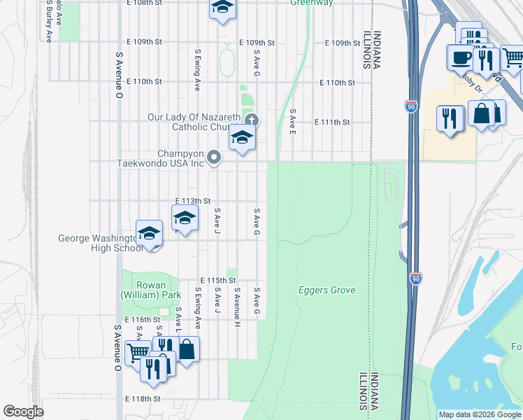 map of restaurants, bars, coffee shops, grocery stores, and more near 11315 South Avenue G in Chicago