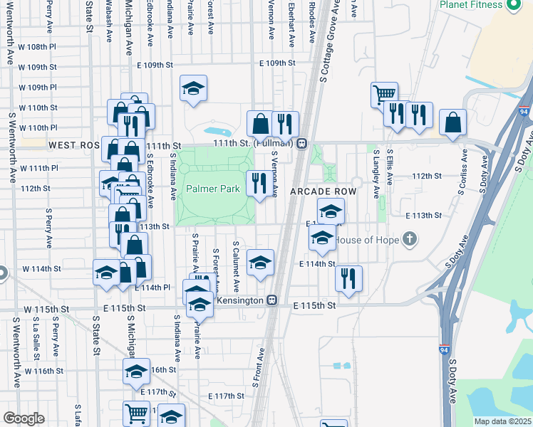 map of restaurants, bars, coffee shops, grocery stores, and more near 11247 South Vernon Avenue in Chicago