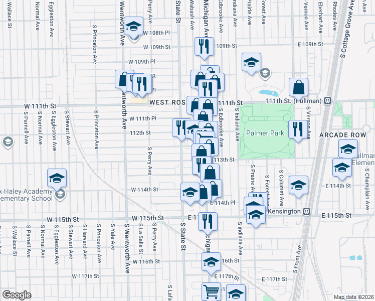 map of restaurants, bars, coffee shops, grocery stores, and more near 7 East 112th Place in Chicago