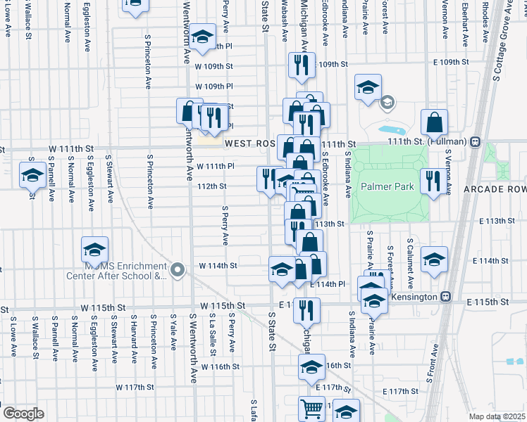 map of restaurants, bars, coffee shops, grocery stores, and more near 25 West 112th Place in Chicago