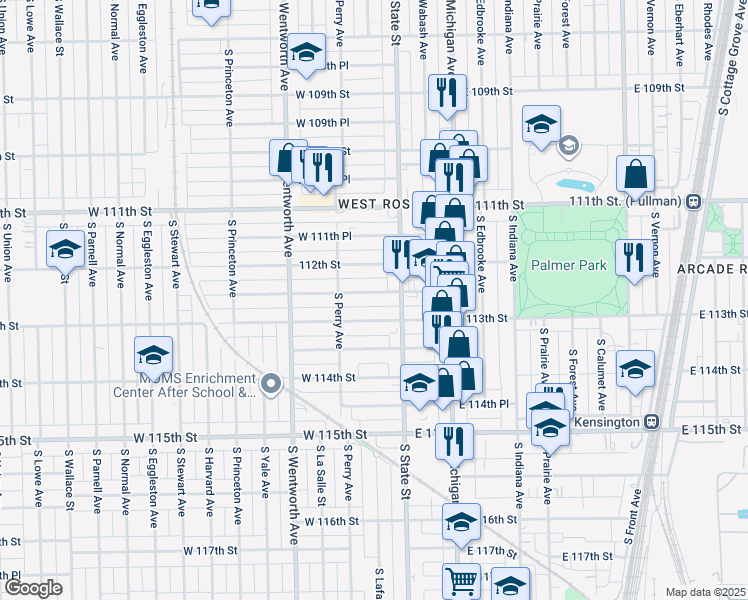 map of restaurants, bars, coffee shops, grocery stores, and more near 25 West 112th Place in Chicago