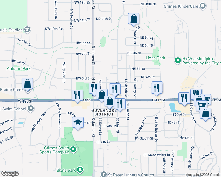 map of restaurants, bars, coffee shops, grocery stores, and more near 309 Northeast 2nd Street in Grimes
