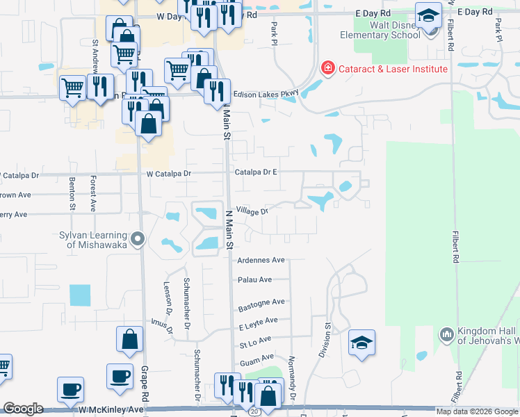 map of restaurants, bars, coffee shops, grocery stores, and more near 230 Village Drive in Mishawaka