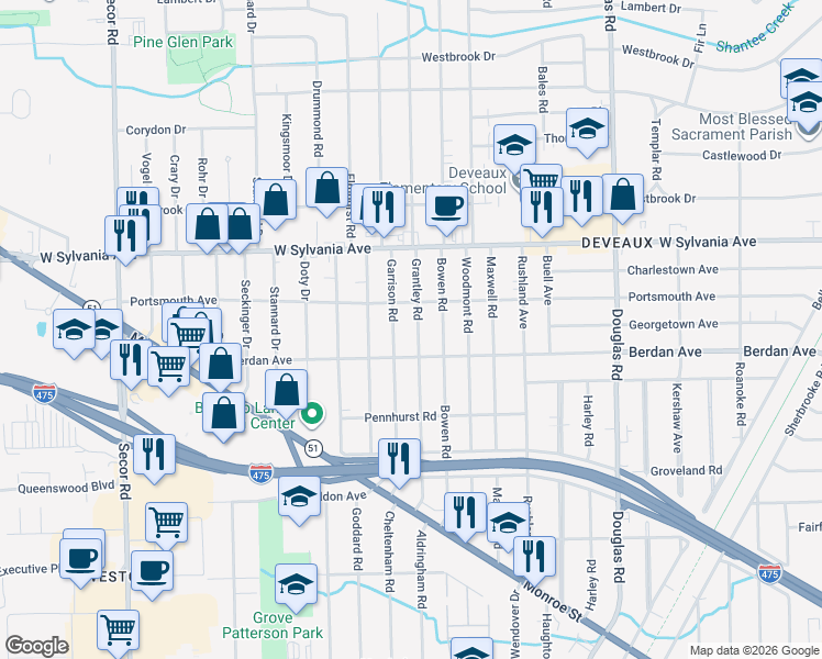map of restaurants, bars, coffee shops, grocery stores, and more near 3824 Grantley Road in Toledo