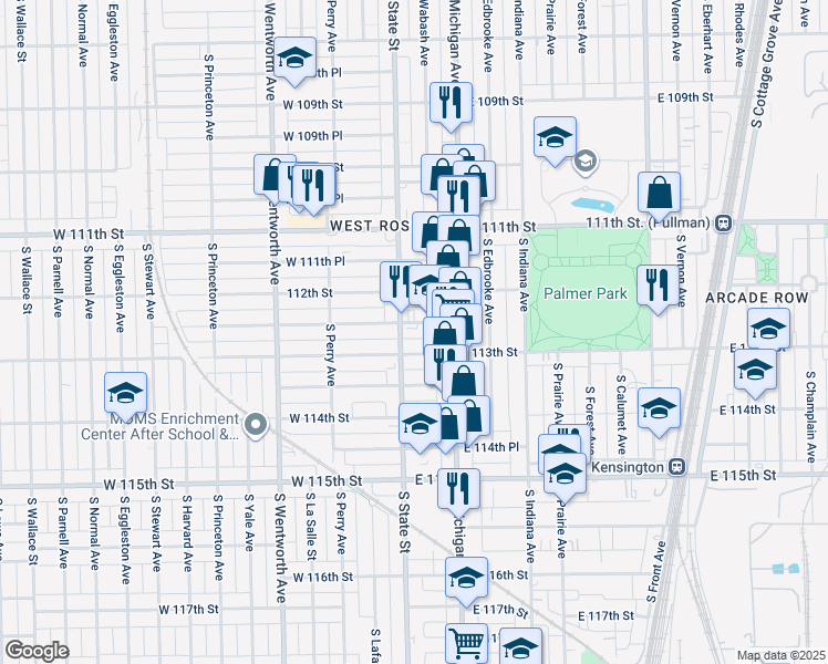 map of restaurants, bars, coffee shops, grocery stores, and more near 7 East 112th Place in Chicago