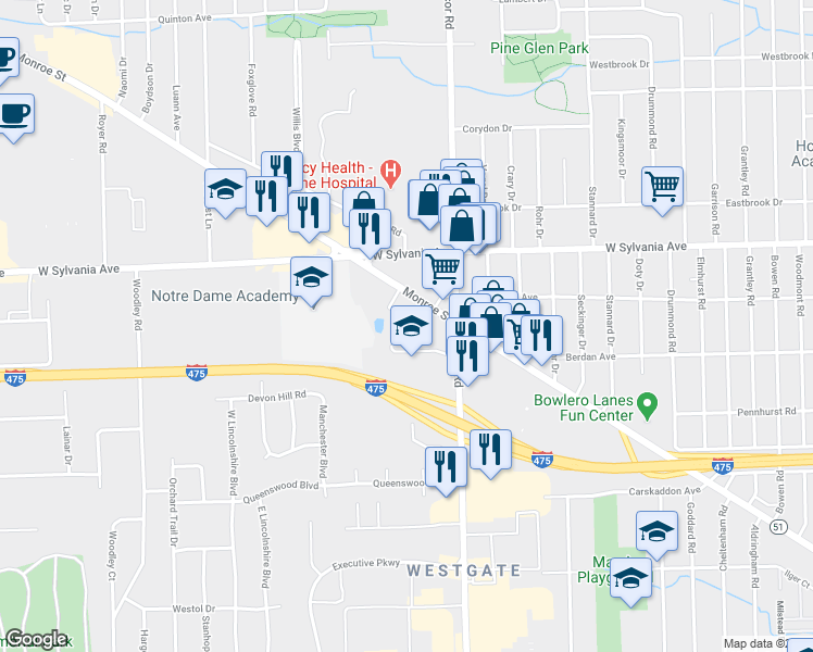map of restaurants, bars, coffee shops, grocery stores, and more near 3837 Secor Road in Toledo