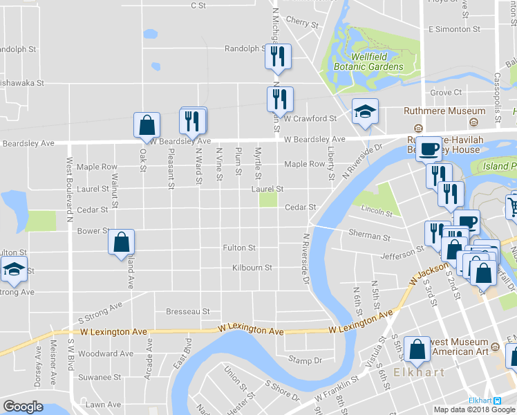 map of restaurants, bars, coffee shops, grocery stores, and more near 501 Myrtle Street in Elkhart