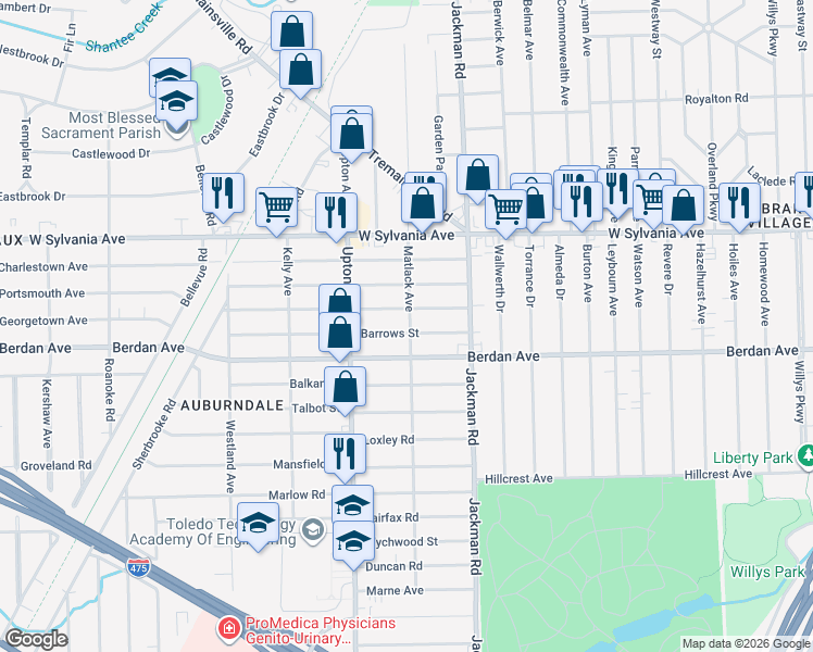 map of restaurants, bars, coffee shops, grocery stores, and more near 1808 Barrows Street in Toledo