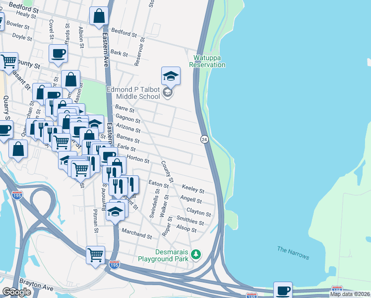 map of restaurants, bars, coffee shops, grocery stores, and more near 352 Barnes Street in Fall River