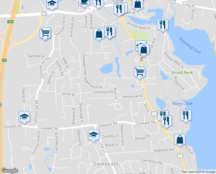 map of restaurants, bars, coffee shops, grocery stores, and more near 15 Bokar Street in Warwick