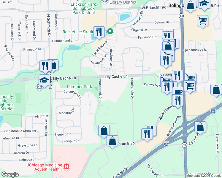 map of restaurants, bars, coffee shops, grocery stores, and more near 308 Woodcreek Drive in Bolingbrook