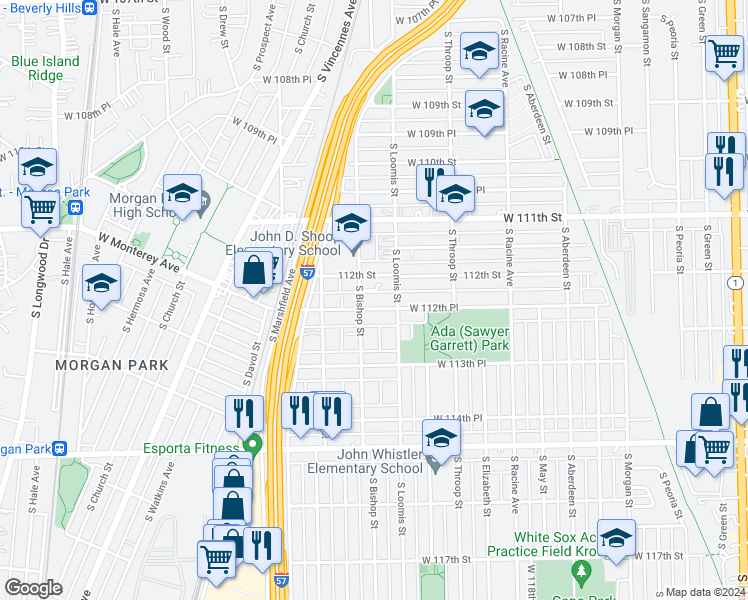 map of restaurants, bars, coffee shops, grocery stores, and more near 1422 West 112th Place in Chicago