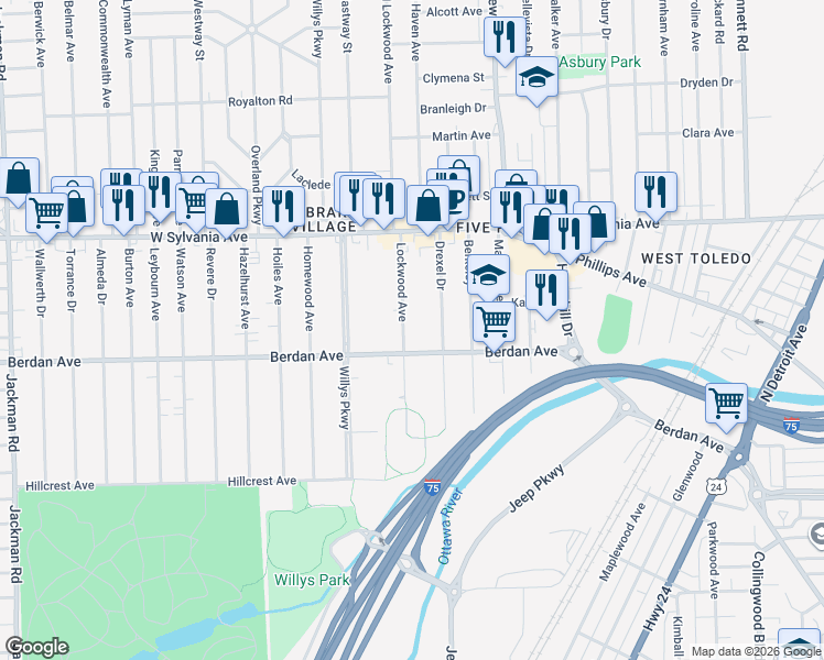 map of restaurants, bars, coffee shops, grocery stores, and more near 3815 Lockwood Avenue in Toledo