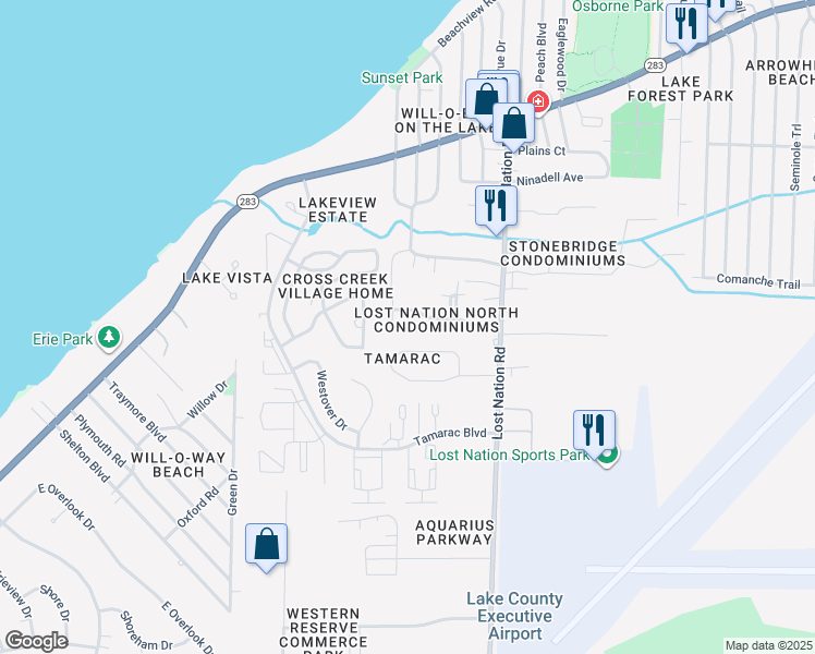 map of restaurants, bars, coffee shops, grocery stores, and more near 38330 North Lane in Willoughby