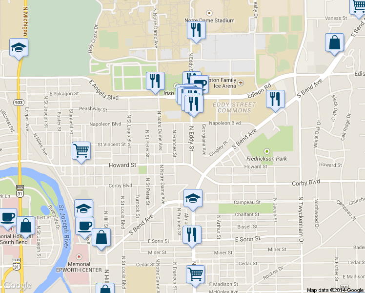 map of restaurants, bars, coffee shops, grocery stores, and more near 1006 St Vincent St in South Bend