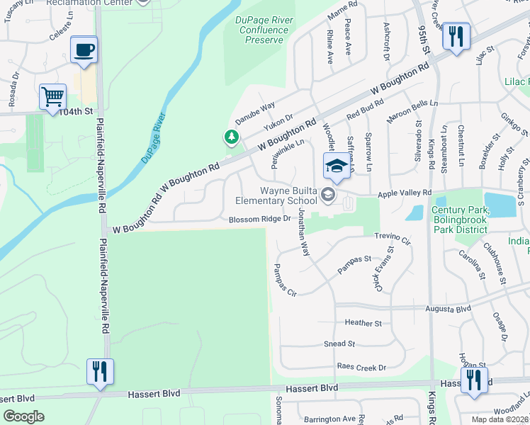map of restaurants, bars, coffee shops, grocery stores, and more near 1882 Blossom Ridge Drive in Bolingbrook