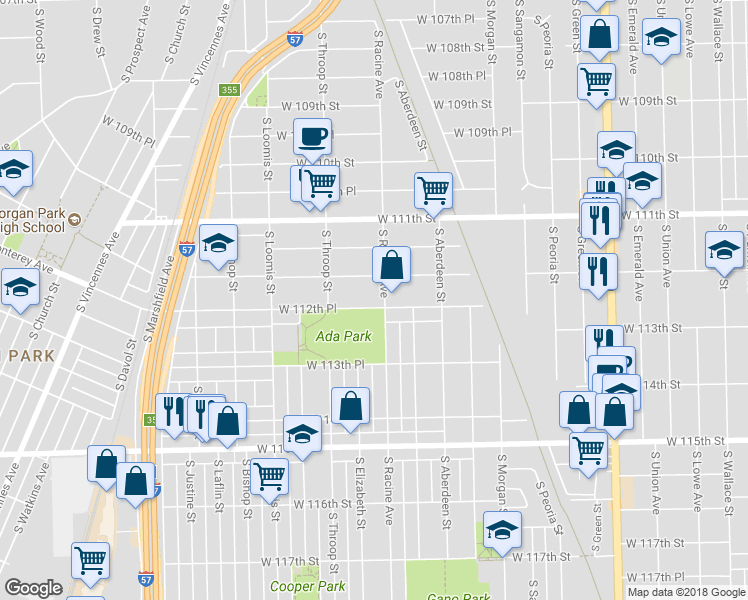 map of restaurants, bars, coffee shops, grocery stores, and more near 1208 West 112th Place in Chicago