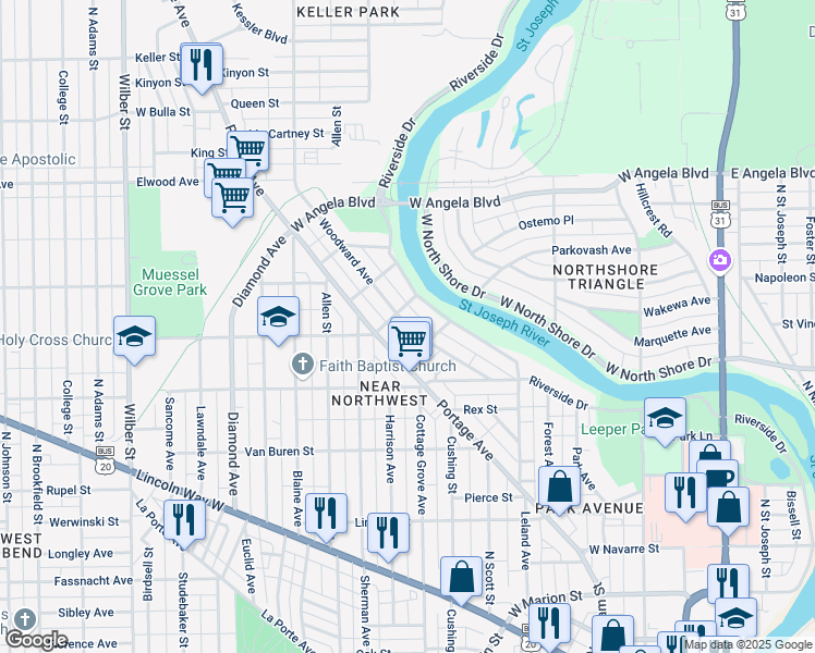 map of restaurants, bars, coffee shops, grocery stores, and more near 1083 Woodward Avenue in South Bend