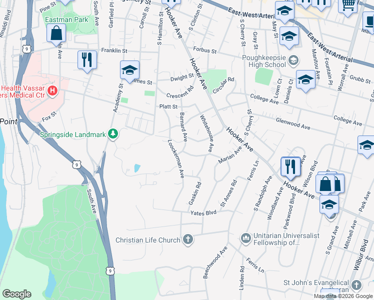 map of restaurants, bars, coffee shops, grocery stores, and more near 45 Barnard Avenue in Poughkeepsie
