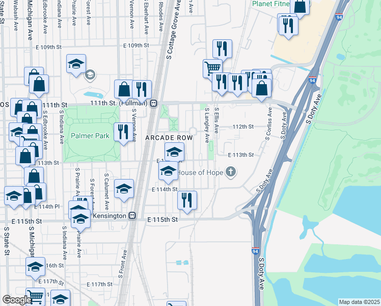 map of restaurants, bars, coffee shops, grocery stores, and more near 11256 South Champlain Avenue in Chicago