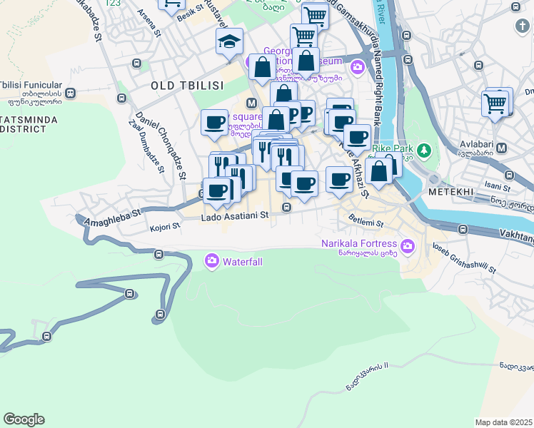 map of restaurants, bars, coffee shops, grocery stores, and more near Lado Asatiani Street in Tbilisi