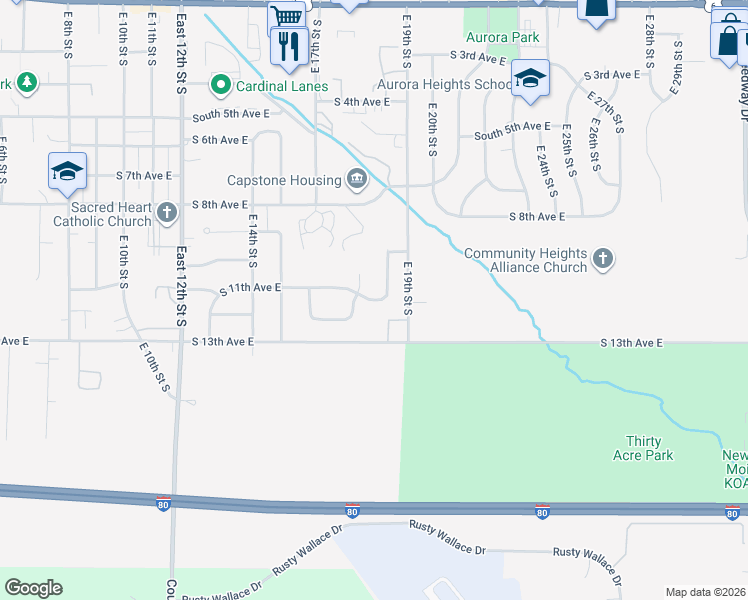 map of restaurants, bars, coffee shops, grocery stores, and more near 1719 South 11th Avenue East in Newton