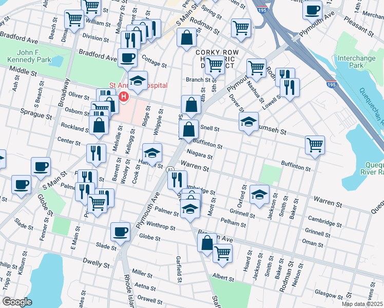 map of restaurants, bars, coffee shops, grocery stores, and more near 45 Niagara Street in Fall River