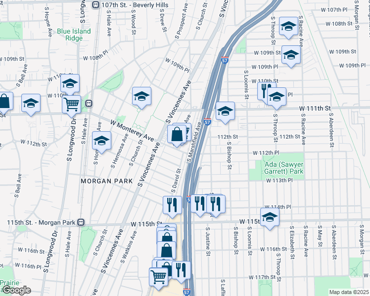 map of restaurants, bars, coffee shops, grocery stores, and more near 1635 West Monterey Avenue in Chicago