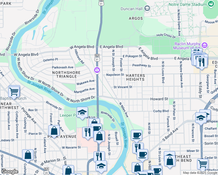 map of restaurants, bars, coffee shops, grocery stores, and more near 1028-1098 North Niles Avenue in South Bend