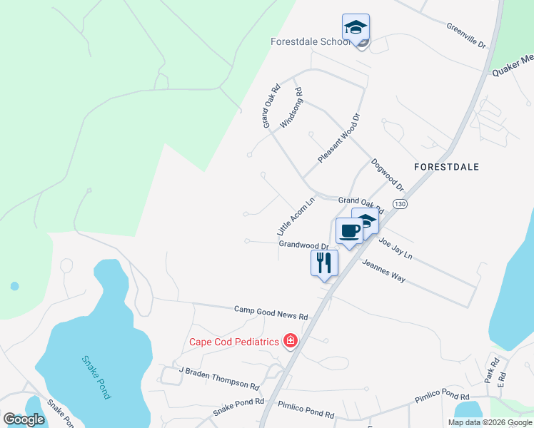 map of restaurants, bars, coffee shops, grocery stores, and more near 5 Lichen Lane in Sandwich