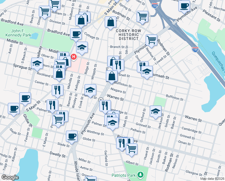 map of restaurants, bars, coffee shops, grocery stores, and more near 31 Niagara Street in Fall River