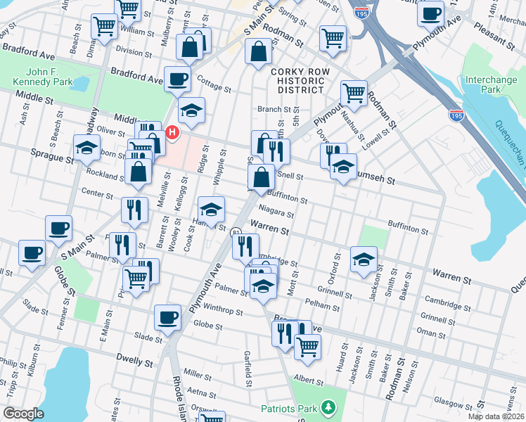 map of restaurants, bars, coffee shops, grocery stores, and more near 31 Niagara Street in Fall River
