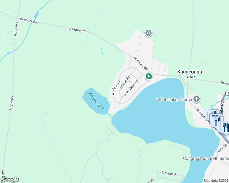 map of restaurants, bars, coffee shops, grocery stores, and more near 4107 West Shore Drive in White Lake