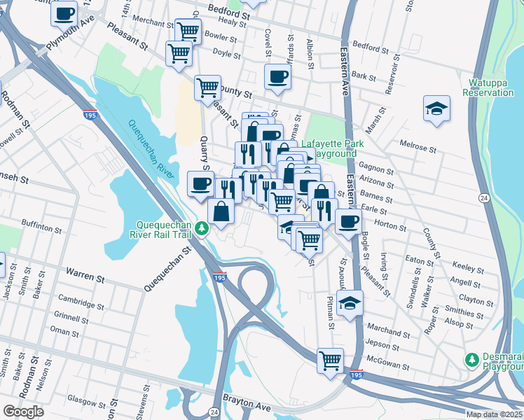 map of restaurants, bars, coffee shops, grocery stores, and more near 354 Jencks Street in Fall River