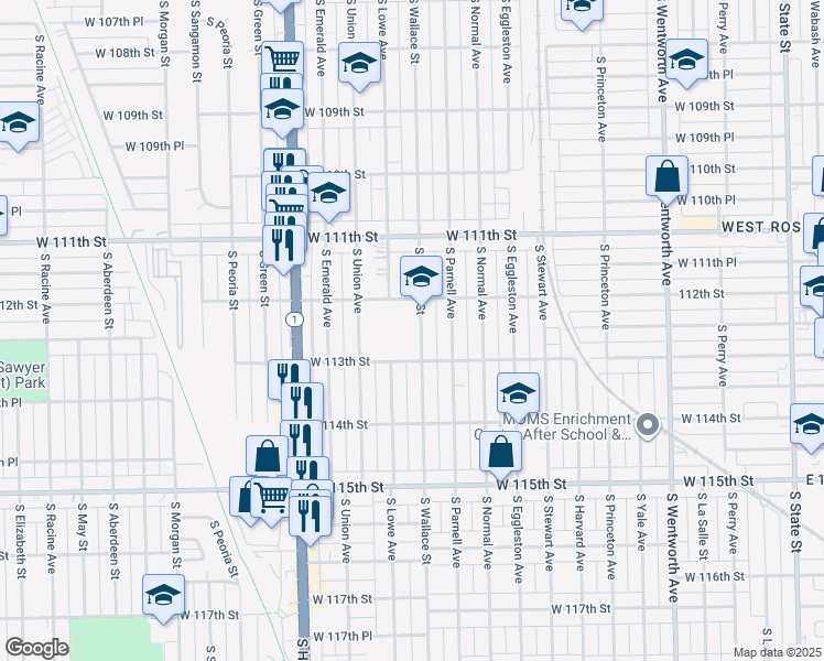 map of restaurants, bars, coffee shops, grocery stores, and more near 11202 South Wallace Street in Chicago