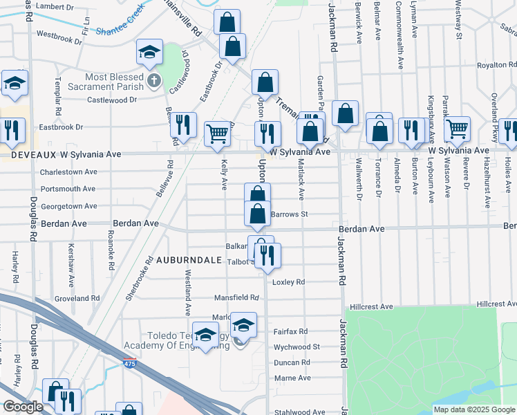 map of restaurants, bars, coffee shops, grocery stores, and more near 3835 Upton Avenue in Toledo