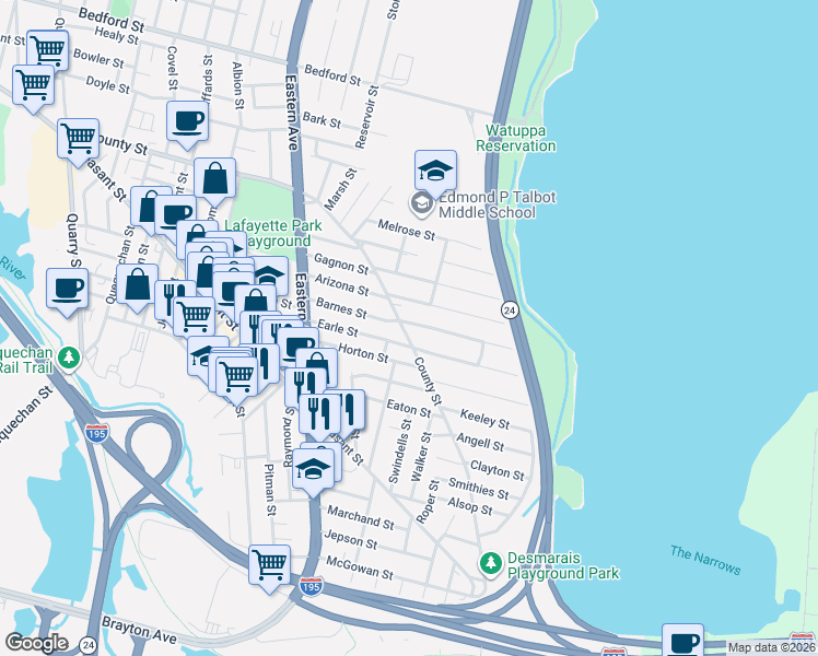 map of restaurants, bars, coffee shops, grocery stores, and more near in Fall River