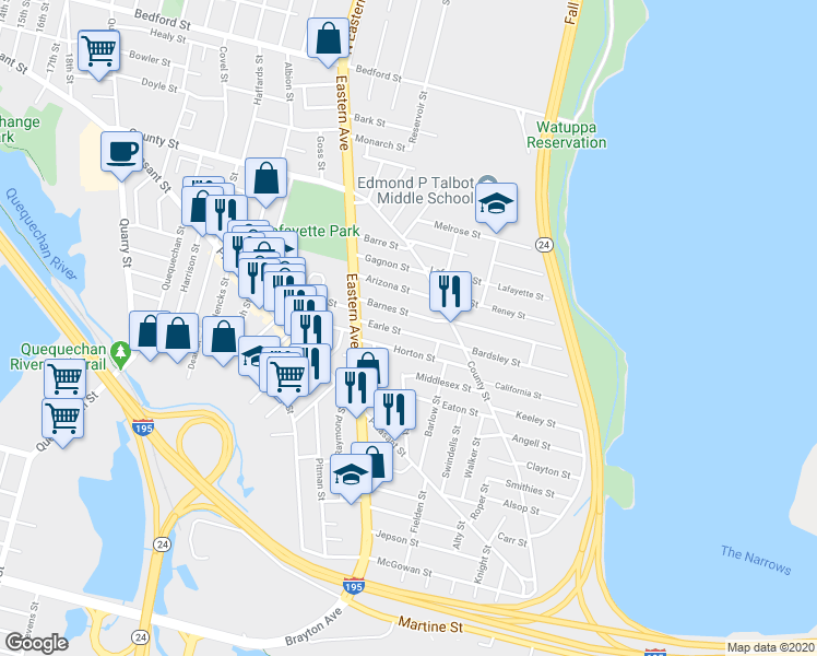 map of restaurants, bars, coffee shops, grocery stores, and more near 95 Earle Street in Fall River